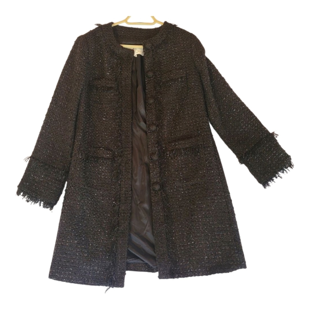 Stevie Mac New York Black Bouclé Tweed Lurex Fringe Jacket Coat Size 10